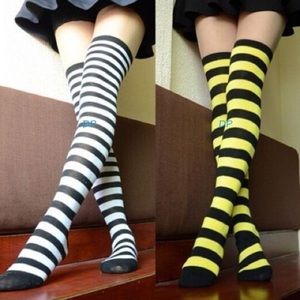 2 pairs Striped Over The Knee Socks Thigh High White Black Yellow Referee Clown